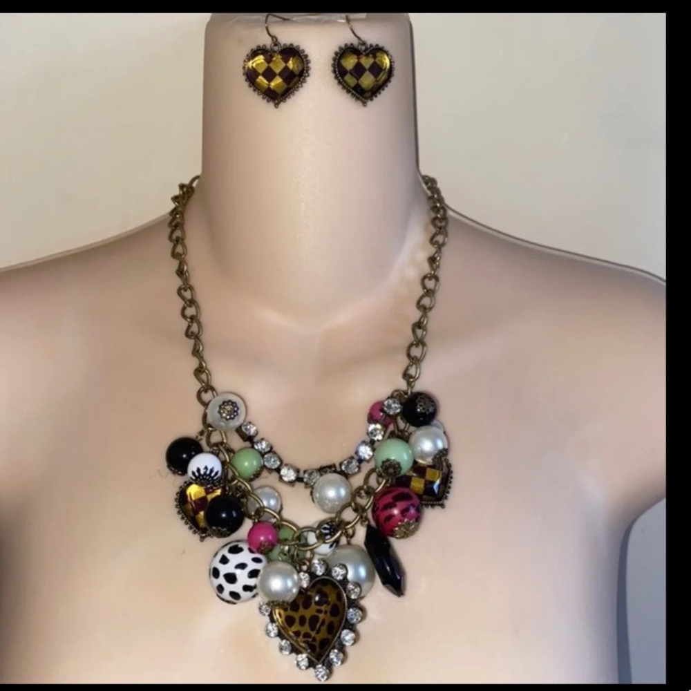 Pink Pearl Heart Gold Tone Charm Necklace